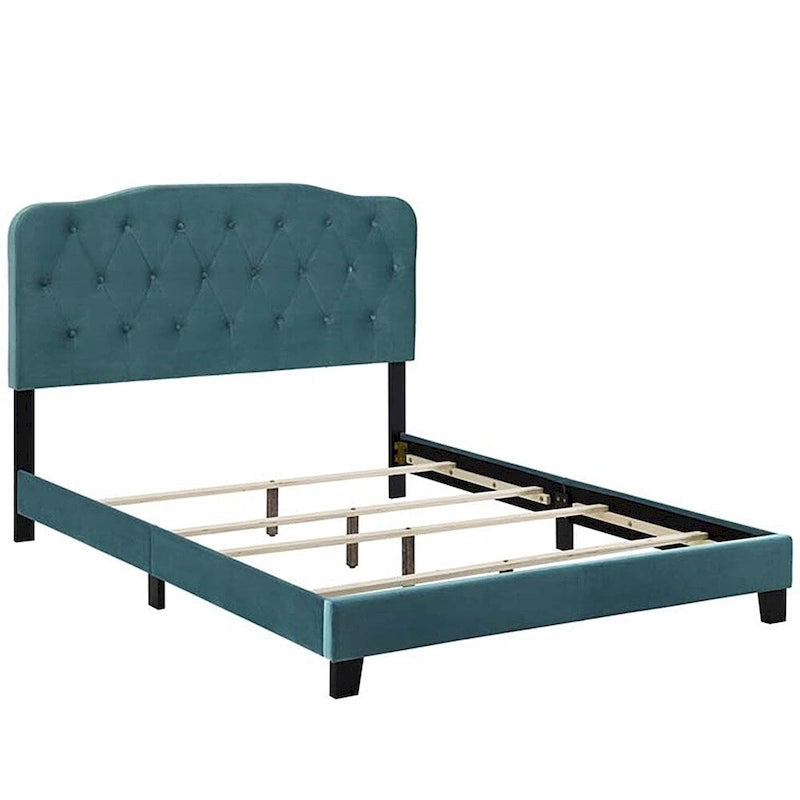 Teal Velvet Queen Platform Bed, Button Tufted Headboard, 1-Person