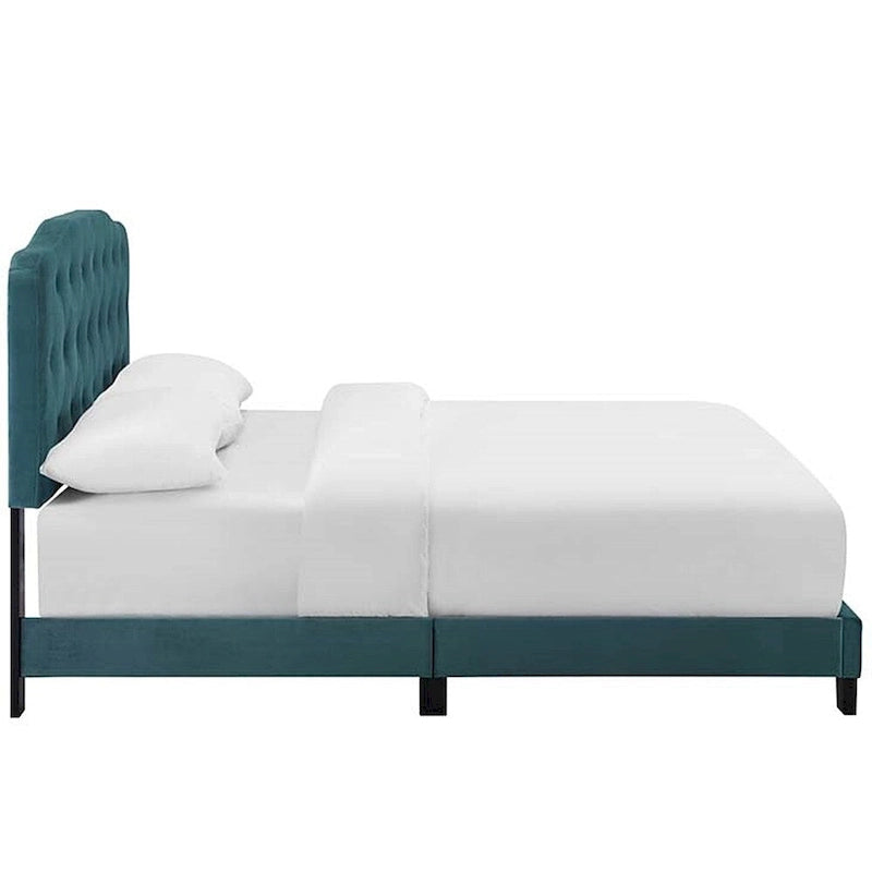 Teal Velvet Queen Platform Bed, Button Tufted Headboard, 1-Person