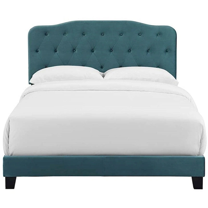 Teal Velvet Queen Platform Bed, Button Tufted Headboard, 1-Person