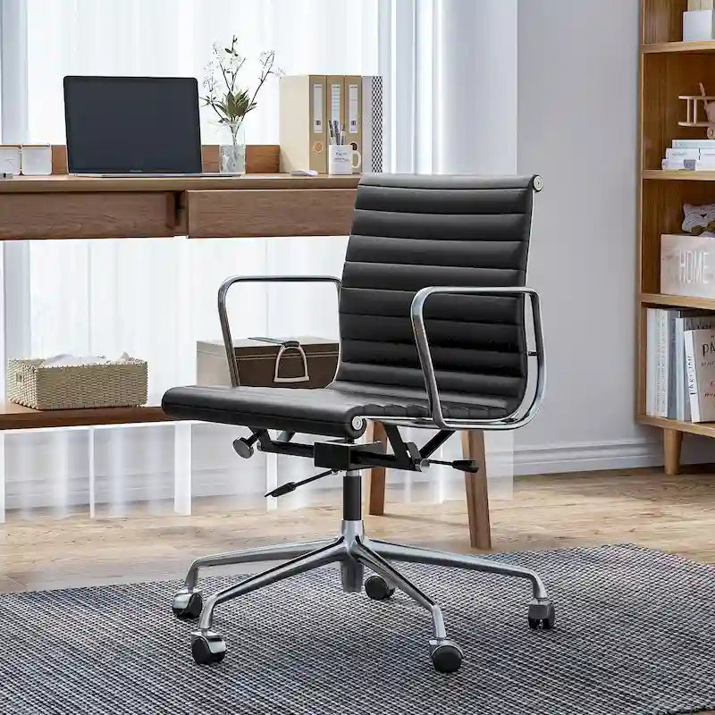 Black/White Low-Back Genuine Leather Swivel Office Chair, Single