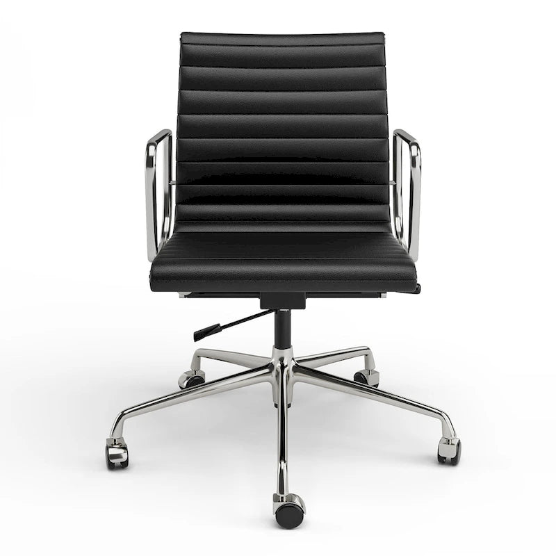 Black/White Low-Back Genuine Leather Swivel Office Chair, Single