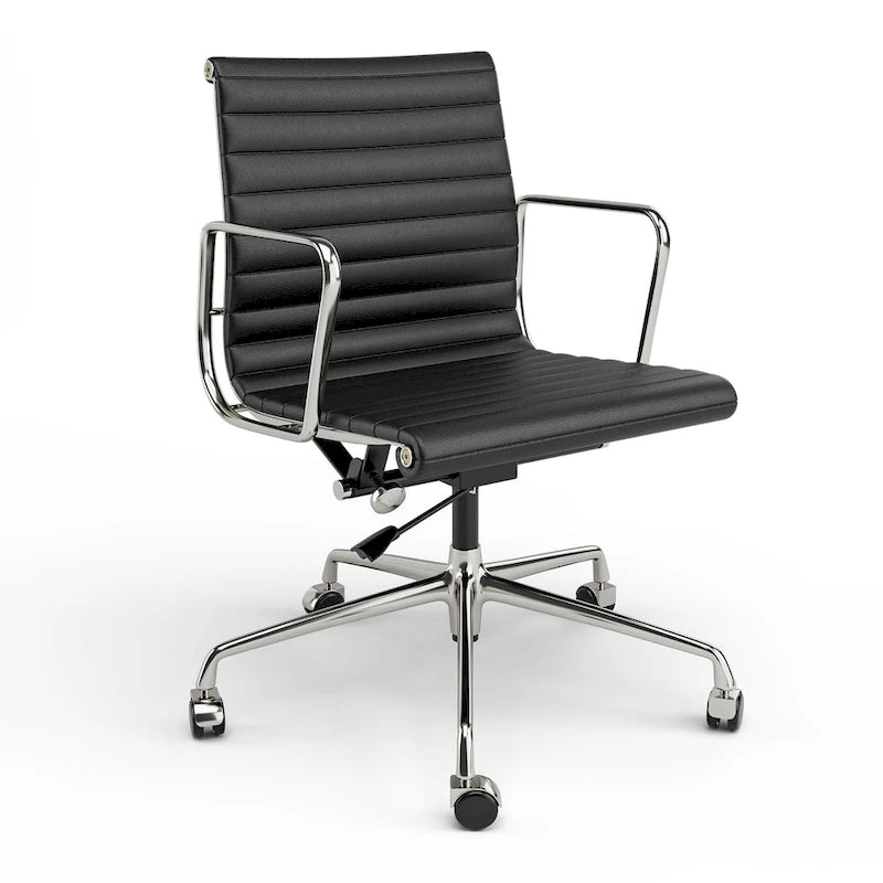 Black/White Low-Back Genuine Leather Swivel Office Chair, Single