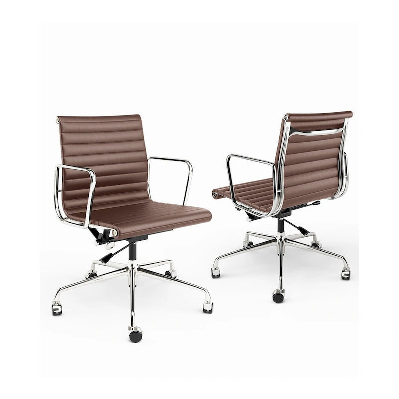 Black/White Low-Back Genuine Leather Swivel Office Chair, Single