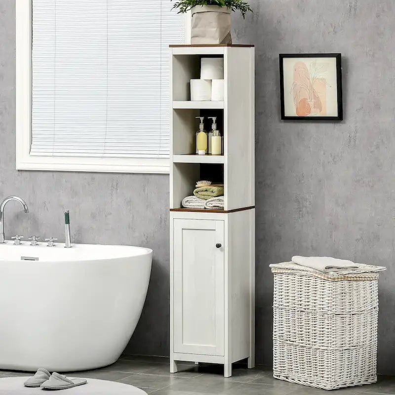 Antique White Freestanding Bathroom Storage Tower Cabinet, 3 Open Shelves