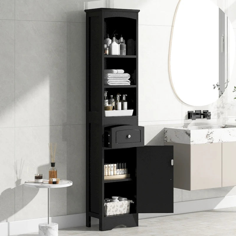 Meuble Colonne de Rangement de Salle de Bain avec Tiroir et Étagères, Blanc/Vert/Gris/Noir