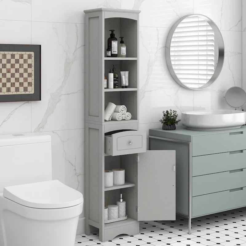 Tall Freestanding Bathroom Storage Cabinet with Drawer & Shelves, White/Green/Grey/Black