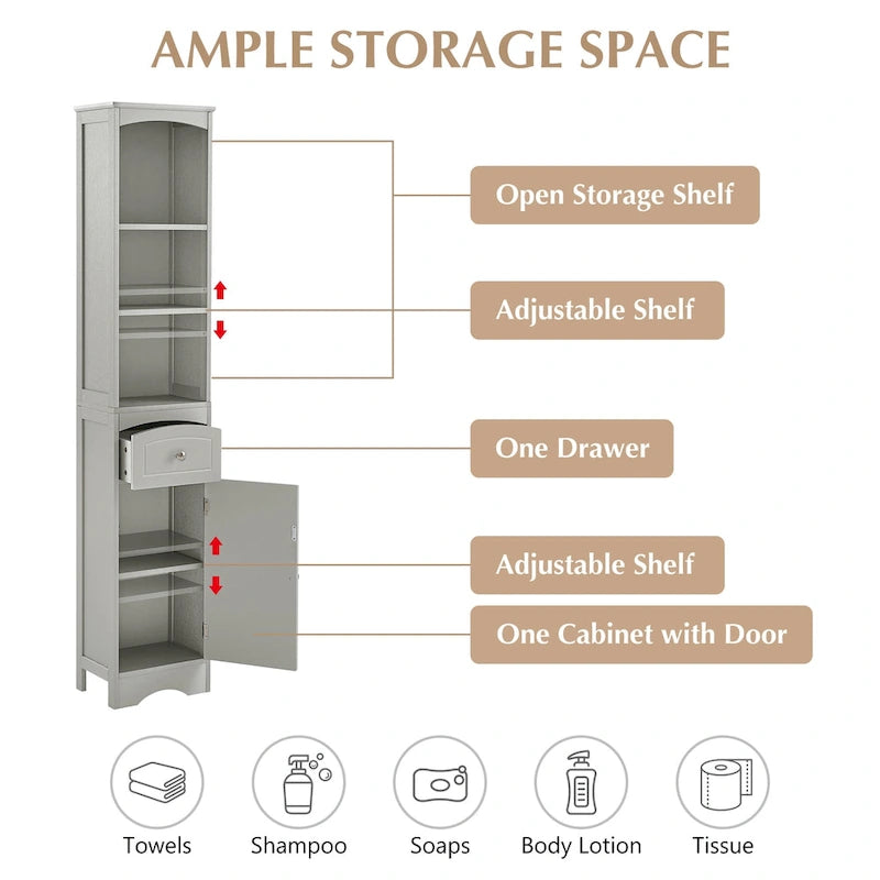 Tall Freestanding Bathroom Storage Cabinet with Drawer & Shelves, White/Green/Grey/Black
