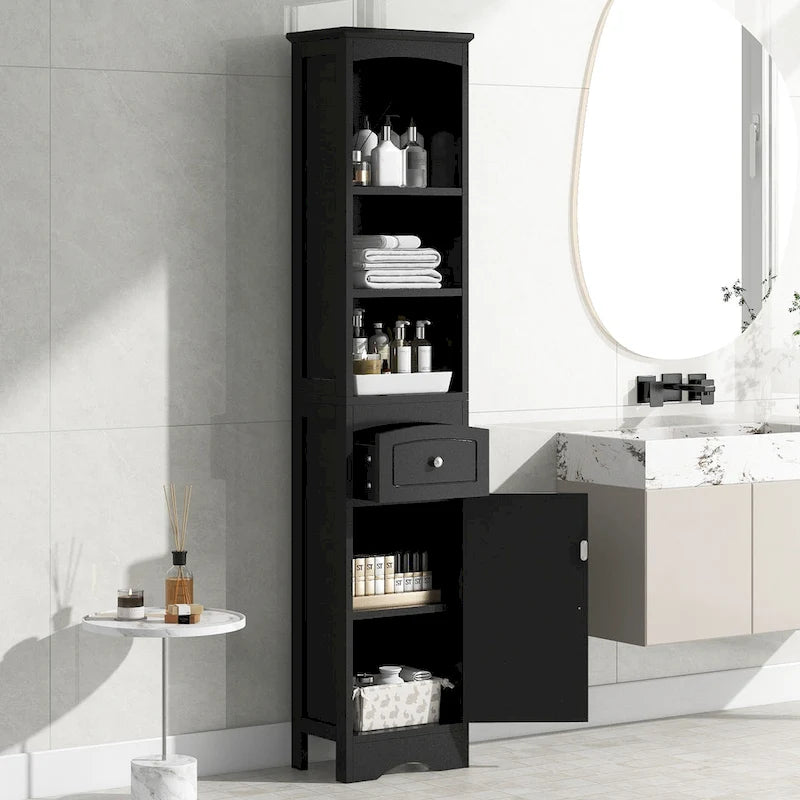 Tall Freestanding Bathroom Storage Cabinet with Drawer & Shelves, White/Green/Grey/Black