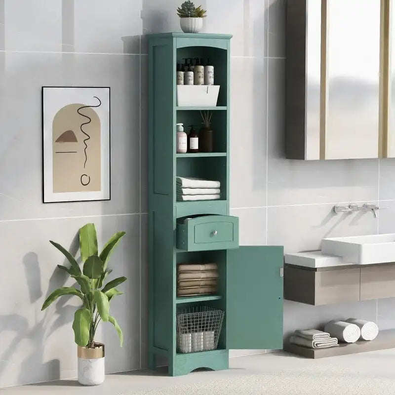 Tall Freestanding Bathroom Storage Cabinet with Drawer & Shelves, White/Green/Grey/Black