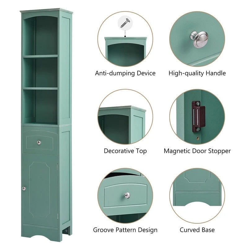 Tall Freestanding Bathroom Storage Cabinet with Drawer & Shelves, White/Green/Grey/Black