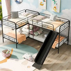 Black L-Shaped Metal Bunk Bed with Slide, Twin, Sleeps 4