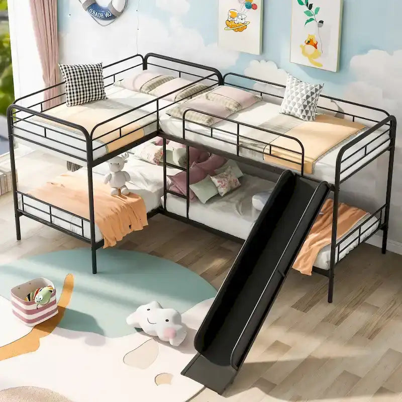 Black L-Shaped Metal Bunk Bed with Slide, Twin, Sleeps 4