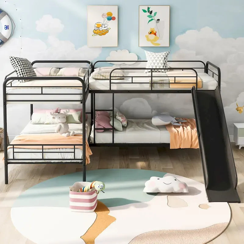 Black L-Shaped Metal Bunk Bed with Slide, Twin, Sleeps 4