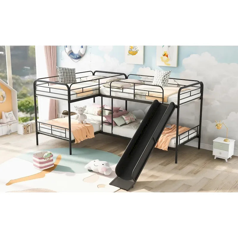 Black L-Shaped Metal Bunk Bed with Slide, Twin, Sleeps 4