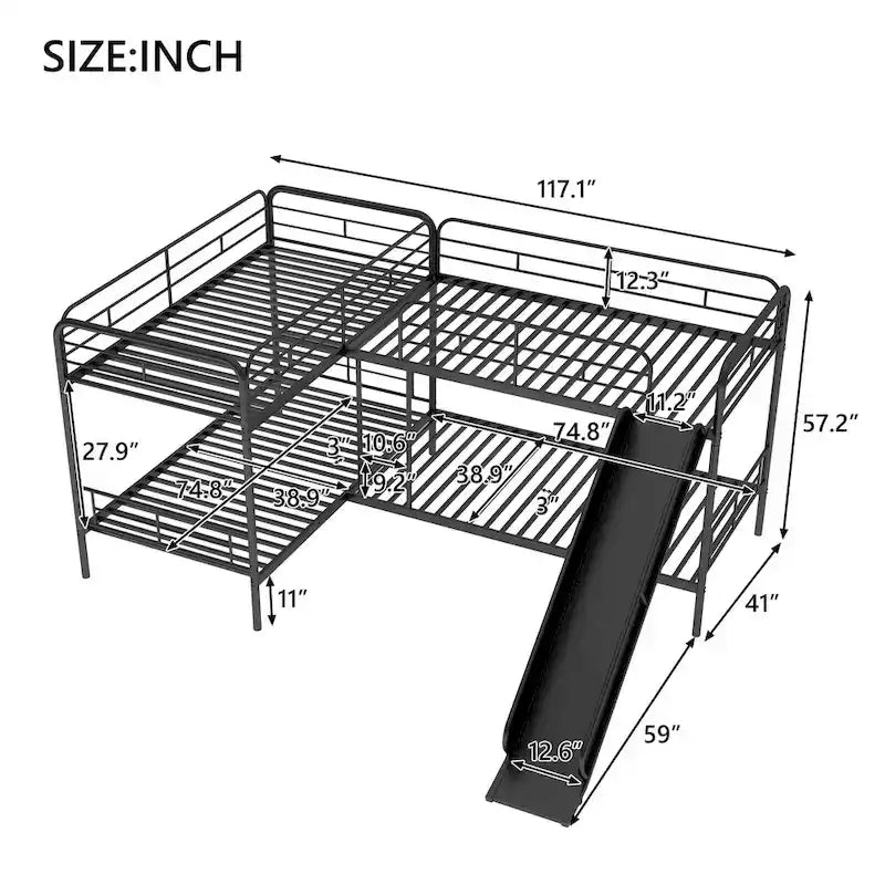 Black L-Shaped Metal Bunk Bed with Slide, Twin, Sleeps 4