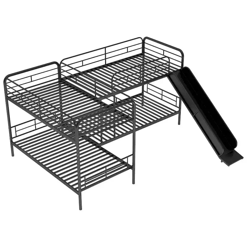 Black L-Shaped Metal Bunk Bed with Slide, Twin, Sleeps 4