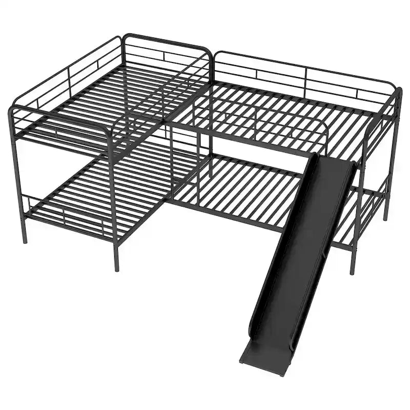 Black L-Shaped Metal Bunk Bed with Slide, Twin, Sleeps 4