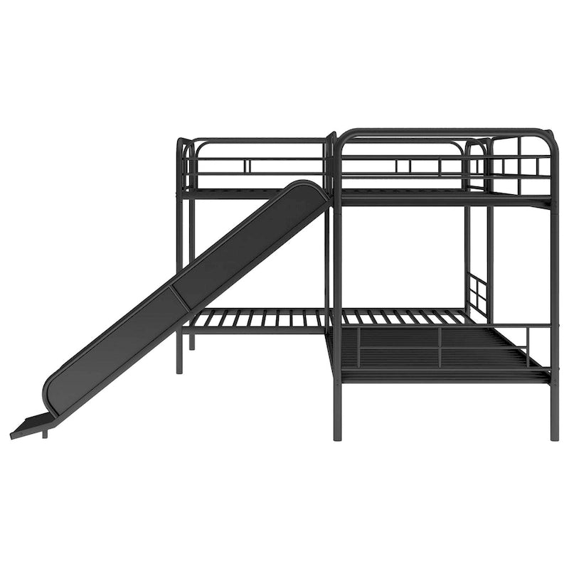 Black L-Shaped Metal Bunk Bed with Slide, Twin, Sleeps 4