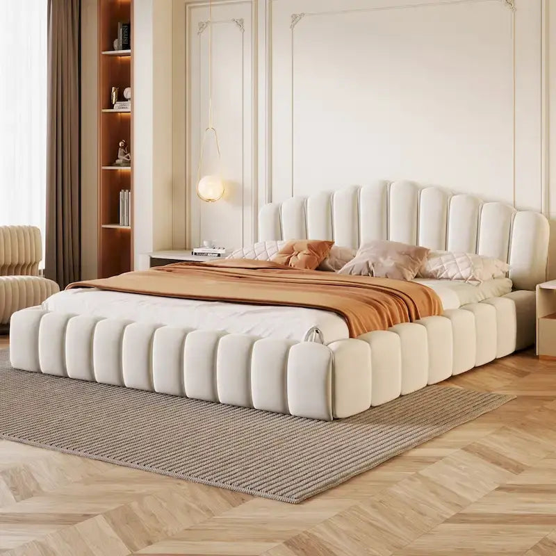 Beige Velvet Queen Bed Frame with Shell-Shaped Headboard, For 2, No Box Spring Needed