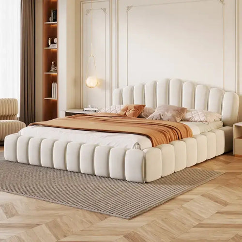 Cadre de lit Queen en velours beige avec tête de lit en forme de coquillage, pour 2 personnes, sommier tapissier non requis