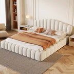 Beige Velvet Queen Bed Frame with Shell-Shaped Headboard, For 2, No Box Spring Needed