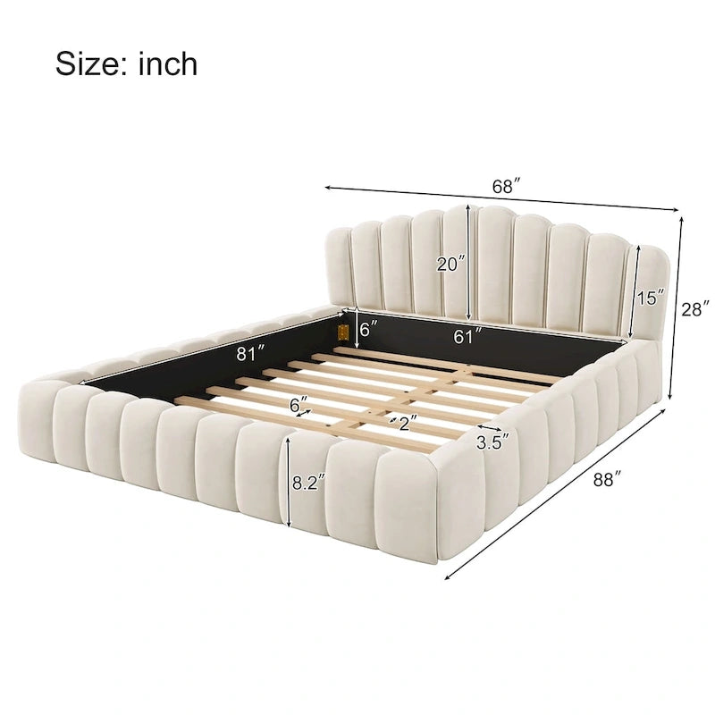 Beige Velvet Queen Bed Frame with Shell-Shaped Headboard, For 2, No Box Spring Needed