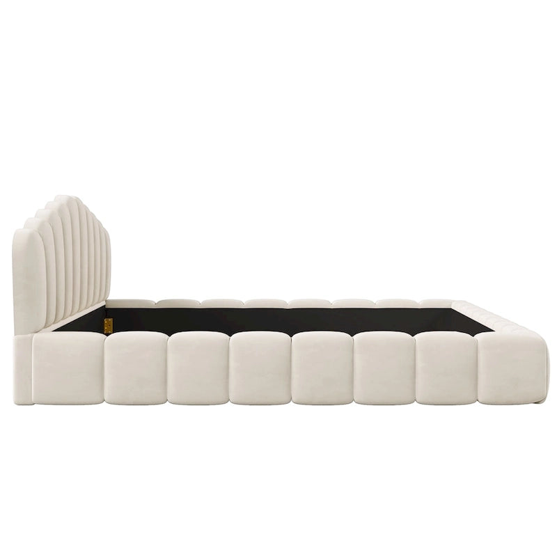 Beige Velvet Queen Bed Frame with Shell-Shaped Headboard, For 2, No Box Spring Needed