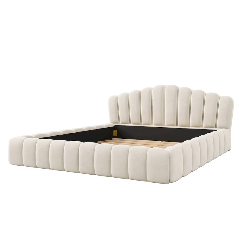 Beige Velvet Queen Bed Frame with Shell-Shaped Headboard, For 2, No Box Spring Needed