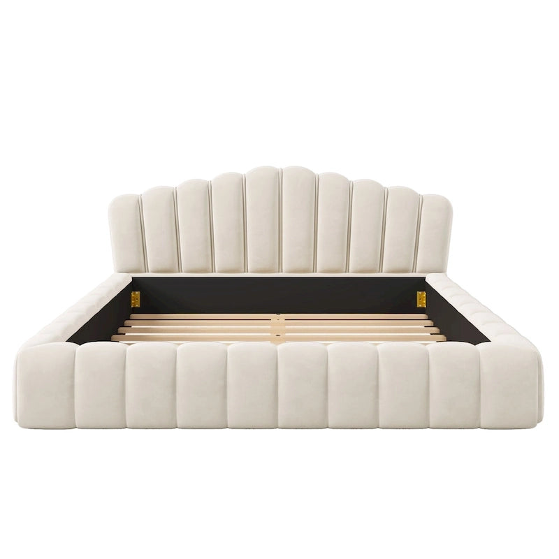 Beige Velvet Queen Bed Frame with Shell-Shaped Headboard, For 2, No Box Spring Needed