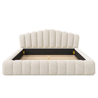 Beige Velvet Queen Bed Frame with Shell-Shaped Headboard, For 2, No Box Spring Needed