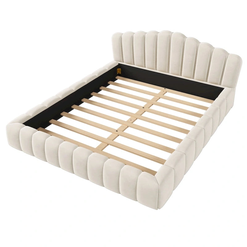 Beige Velvet Queen Bed Frame with Shell-Shaped Headboard, For 2, No Box Spring Needed