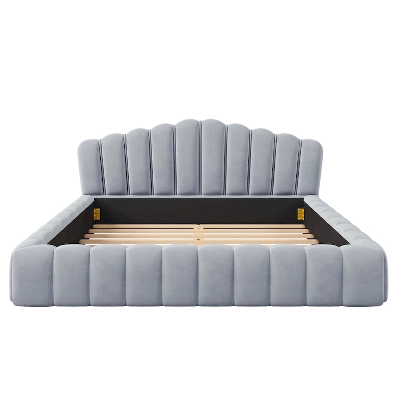 Beige Velvet Queen Bed Frame with Shell-Shaped Headboard, For 2, No Box Spring Needed