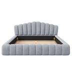 Beige Velvet Queen Bed Frame with Shell-Shaped Headboard, For 2, No Box Spring Needed