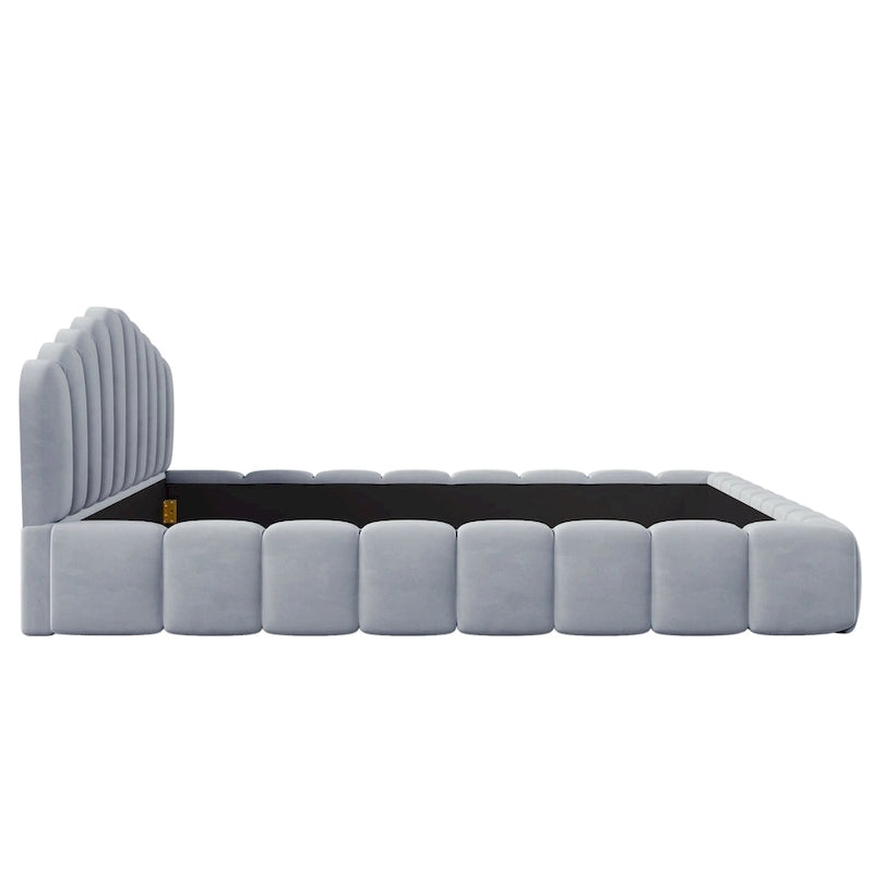 Beige Velvet Queen Bed Frame with Shell-Shaped Headboard, For 2, No Box Spring Needed