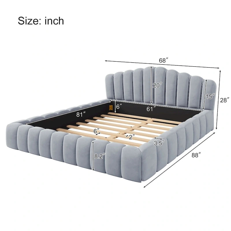 Beige Velvet Queen Bed Frame with Shell-Shaped Headboard, For 2, No Box Spring Needed