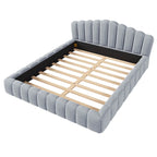 Beige Velvet Queen Bed Frame with Shell-Shaped Headboard, For 2, No Box Spring Needed