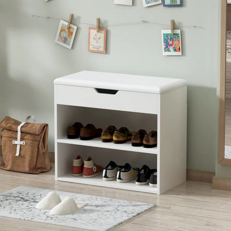 Brown/White Shoe Storage Bench with Cushion, Seats 1-2