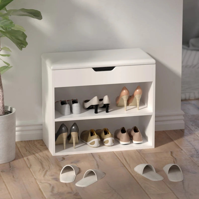 Brown/White Shoe Storage Bench with Cushion, Seats 1-2