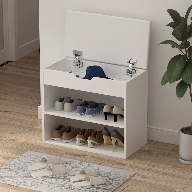 Brown/White Shoe Storage Bench with Cushion, Seats 1-2