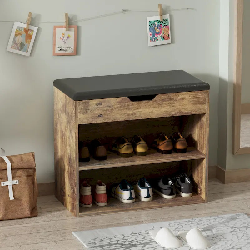 Brown/White Shoe Storage Bench with Cushion, Seats 1-2