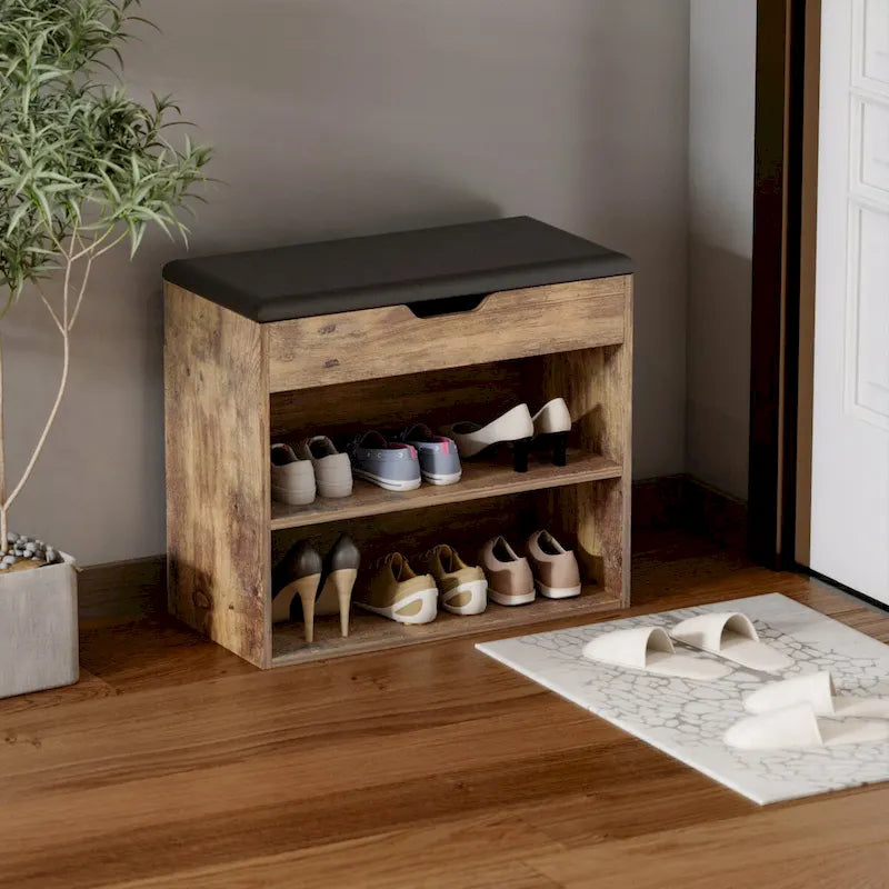 Brown/White Shoe Storage Bench with Cushion, Seats 1-2