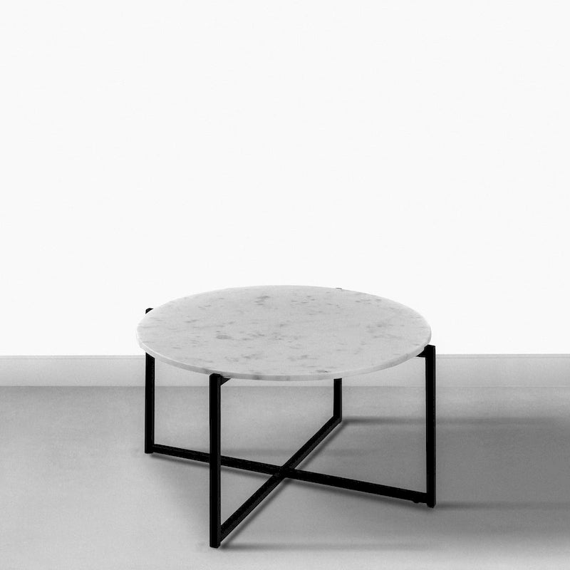White Marble Top Round Coffee Table with Black Metal X-Base Frame
