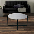 White Marble Top Round Coffee Table with Black Metal X-Base Frame