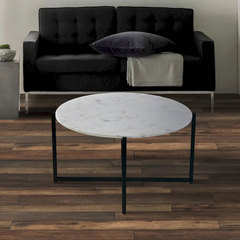 White Marble Top Round Coffee Table with Black Metal X-Base Frame