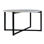 White Marble Top Round Coffee Table with Black Metal X-Base Frame