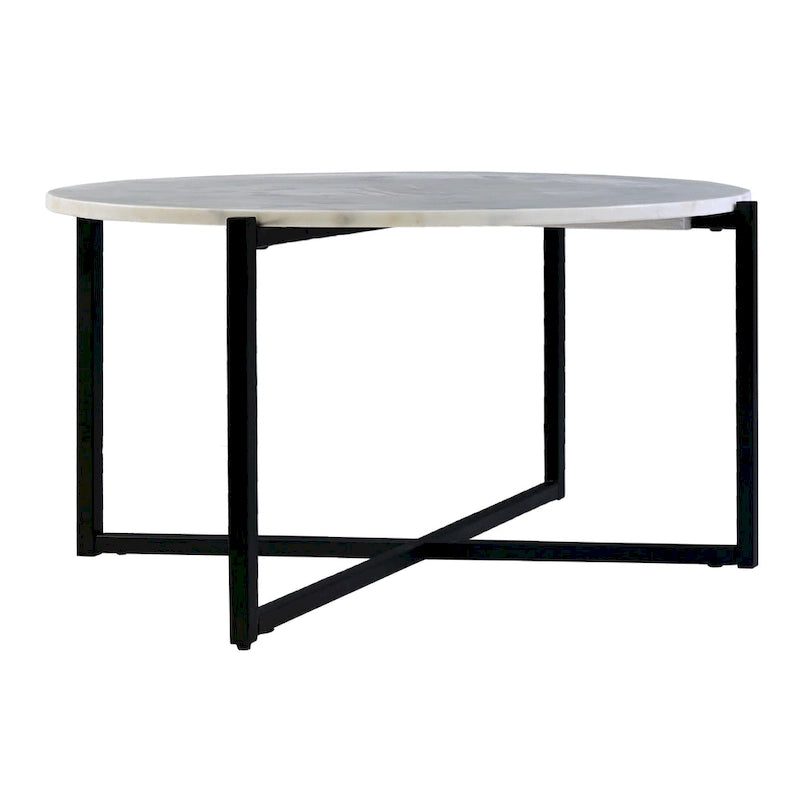 White Marble Top Round Coffee Table with Black Metal X-Base Frame
