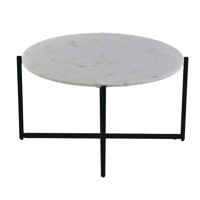 White Marble Top Round Coffee Table with Black Metal X-Base Frame