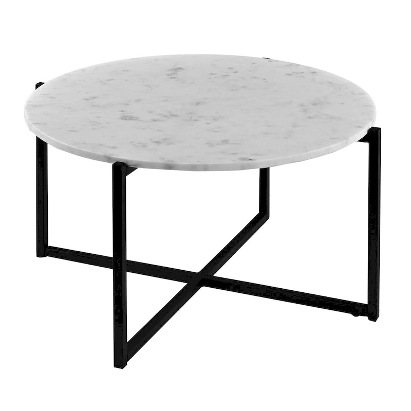 White Marble Top Round Coffee Table with Black Metal X-Base Frame