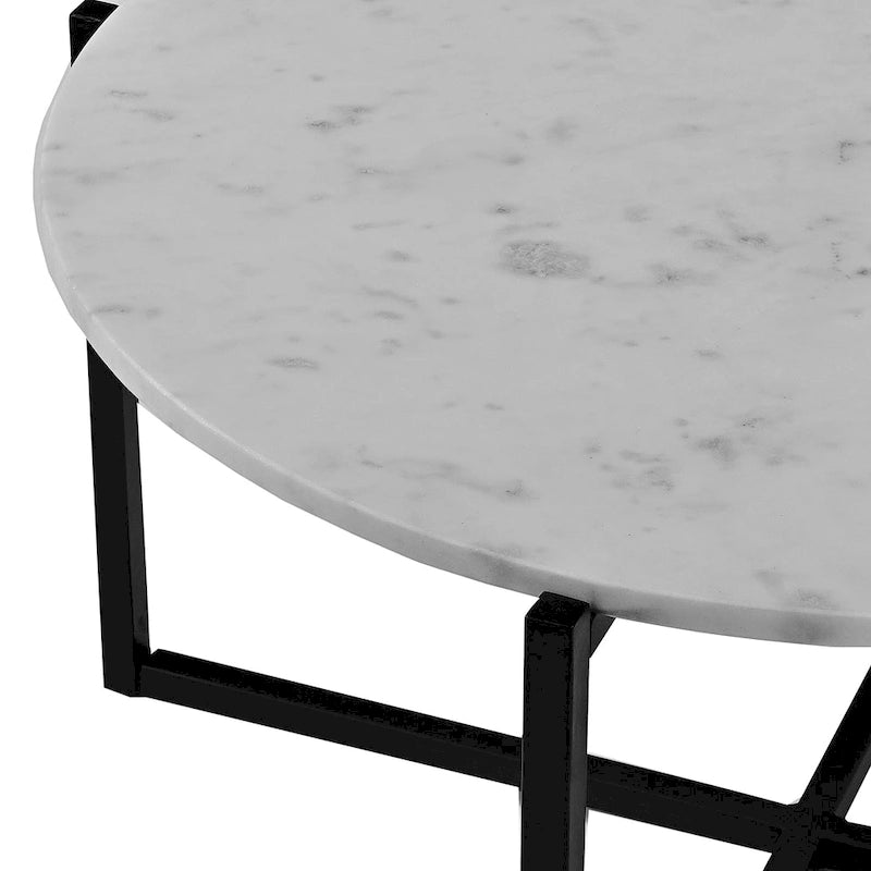 White Marble Top Round Coffee Table with Black Metal X-Base Frame