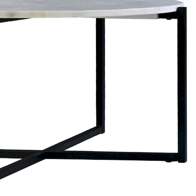 White Marble Top Round Coffee Table with Black Metal X-Base Frame